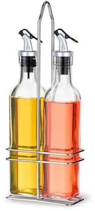Fackelmann Set Aceitera y Vinagrera con Soporte, Incluye 2 Botellas de Vidrio de 250 ml y Rack, Conjunto Estable, Duradero y Decorativo, Apto para Lavavajillas, 30x12x6 cm