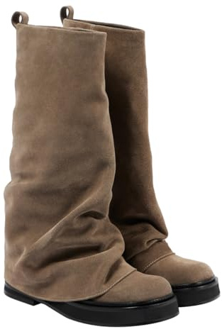 MAVMAX Women Fold Over Knee High Boots Casual Round Toe Coverd Slouched Leather Pull On Wide Calf Chunky Low Heel Platform Boots, Khaki, 6 UK