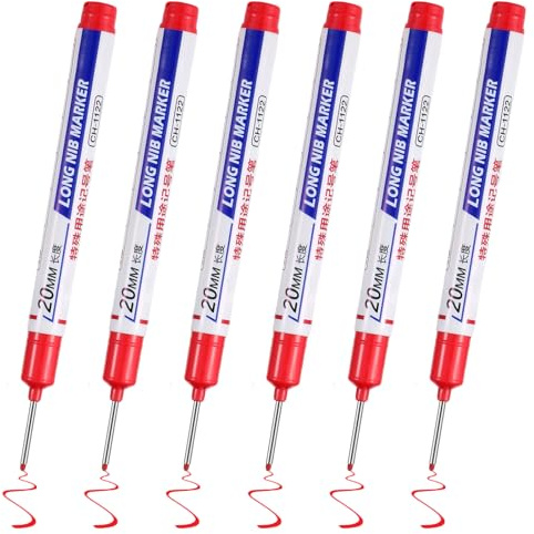 Bewudy Lot de 6 marqueurs à tête longue pour trous profonds, marqueurs de construction étanches, outil de marquage, marqueurs permanents en encre pour charpentiers, constructeurs, décoration (Rouge)