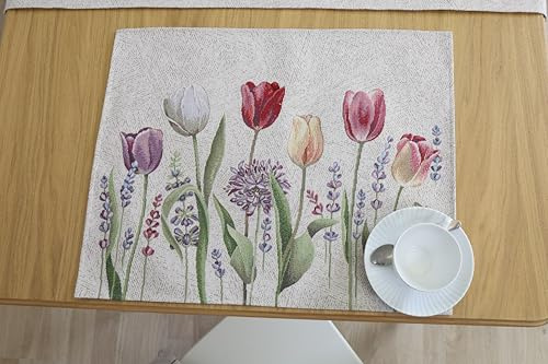 Bordstabletter tvättbara set om 4, 40 x 50 cm, bordsunderlägg tyg 100 % jacquard gobeläng, underlägg hög kvalitet återanvändbara för bröllop, födelsedag, kök, café – tulpaner
