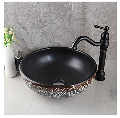 PUFAHAU Lavabo de baño Negro, Lavabo de cerámica, tocador sobre encimera, Lavabo de Porcelana, Lavabo artístico y Grifo Combinado, Lavabo de vasija