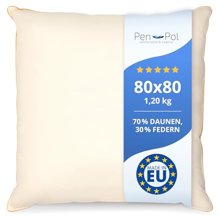 pen pol Daunenkissen 80x80 cm 1200g Füllung – 70% Daunen 30% Federn – Kopfkissen zum Schlafen – Naturfüllung – Bettkissen 100% Baumwollbezug – Atmungsaktiv & Formstabil – Made in EU - Ecru