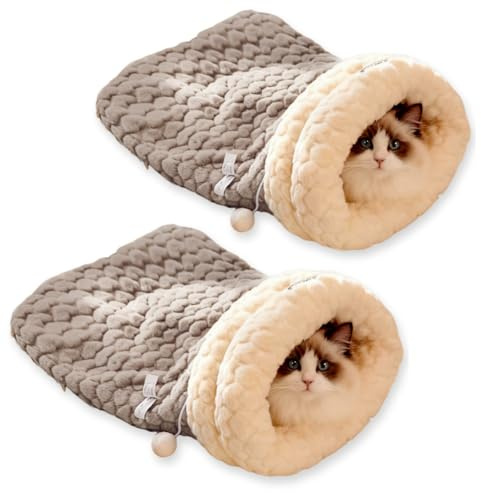 GDCARSL Cat Sleeping Bag, Cats Winter Sleeping Bag for Indoor Cats Cozy Plush Cat Cave Bed, Self-Warming Pet Snuggle Sack for Kitten Puppy Small Dogs (A-Grey 2pcs, L-21x17.7)