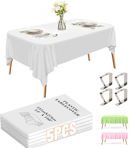 Ouxayapl Lot de 5 Nappe Blanche épaisses Anti-Taches, 274 x 137 cm, Nappe rectangulaire imperméable, pour Les Fêtes,Les Anniversaires, Les Mmariages, Noël