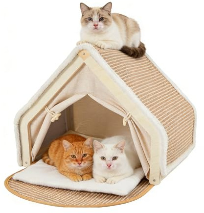 Katzenhaus Indoor mit Kratzbretter Katze,Katzenhaus aus Holz, Katzenzelt mit Kratzbrett, 2-in-1 Holz Katzenhöhle für Zwei Katzen, Sisal Kratzbaum für Wohnung, stabiles Haustierzelt als Rückzugsort