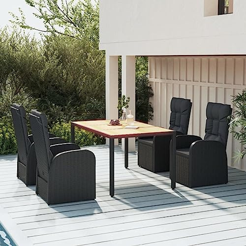 LoogCape 5 Piece Black Poly Rattan Outdoor Dining Collection with Reclining Chairs, Solid Acacia Wood Table, Patio Furniture Group, Comfortable Seating for Garden, Deck, Porch