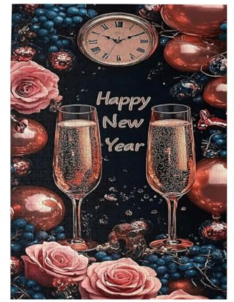 Happy New Year Clock Pink Rose Blue 500 Piece Wooden Puzzle Jigsaw Puzzle for Adults Friend Family Birthday Gift