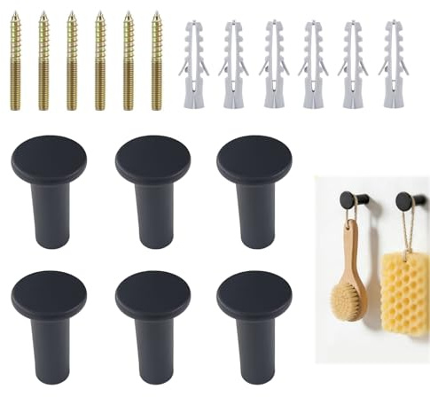 Set di 6 ganci da parete neri a testa tonda monoforo, appendiabiti da parete con viti e tasselli a doppia rete, robusti ganci per cucina, bagno, soggiorno e deposito a parete