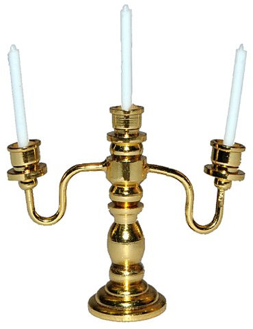 alles-meine.de GmbH Miniatur Kerzenständer aus Metall mit Kerzen - für Puppenstube Maßstab 1:12 - Puppenhaus Kerzenleuchter Leuchter 3-Arm Kerze - golden/Gold Farben