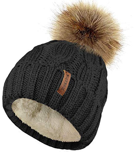 TOSKATOK� Mesdames trapu Douce c�ble Bonnet en Tricot avec Confortable Doublure Polaire Amovible en Fausse Fourrure et Pompon-Taille Unique-Black
