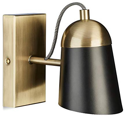 Relaxdays Wandleuchte, Messing in antikem Look, schwarzer Lampenschirm, Metall, modern, E14-Fassung, HBT 15 x 10 x 20 cm