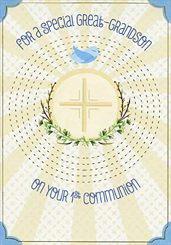 Designer Greetings Cross, Vines and Blue Bird 1st / First Communion Card for Great-Grandson