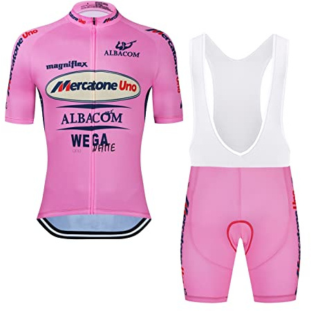 Marco Pantani Retro Pro Team Mercatone Uno cykeltröja set herr sommar kortärmad andningsbar MTB cykelkläder haklapp set 9D gel dyna, Rosa, XL(77-83KG)