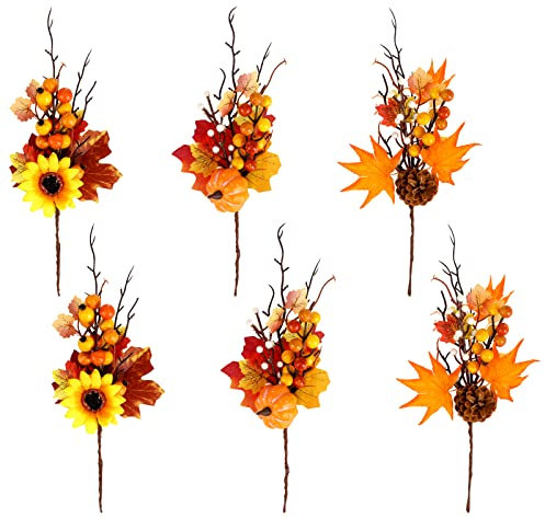 6 Pcs Pumpkin Fall Stems for Vases, Artificial Maple Leaves Branches, Artificial Berry Picks, Maple Leaves Branches Decorations for Thanksgiving Halloween Christmas Fall Decor DIY Floral Arrangements