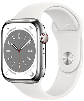 Apple Watch Series 8 (GPS + Cellular, 45mm) Smartwatch - Edelstahlgehäuse Silber, Sportarmband Weiß - Regular. Fitnesstracker, Blutsauerstoffund EKGApps, Always-On Retina Display, Wasserschutz