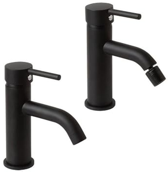 Kiamami Valentina - Coppia Rubinetti Lavabo e Bidet | Finitura Nero Opaco | Miscelatori in Ottone | Certificazione ACS | Cartuccia 35mm | Flessibile 35cm, Nero Opaco