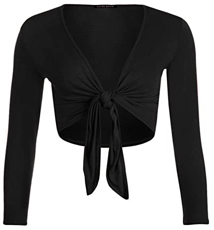 LUXE DIVA Womens New Plain Bolero Front Tie Shrug Ladies Cropped Long Sleeve Stretch Cardigan Top Black