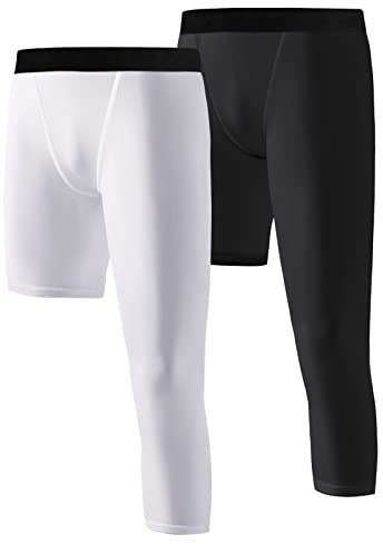 Hovershoes 2 Pack Garçons Pantalon de Compression Une Jambe 3/4 Legging pour Basketball Running Capri Tights Sports Athletic Base Layer pour 6-14 Ans Jeunes Enfants