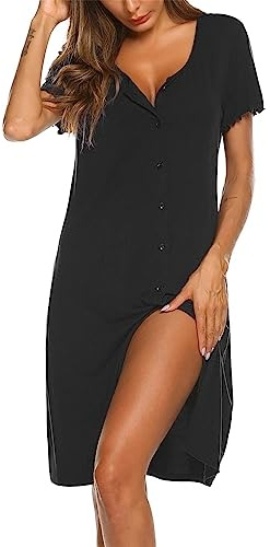 Ekouaer Chemise de Nuit Femme Manches Courtes Vêtements de Nuit Boutons Devant Robe de Nuit Été Col V, Noir XXL