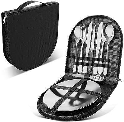 Yoassi Camping Geschirr Set Edelstahl, 10-teiliges Picknick Besteck Set für 2 Personen, Reisebesteck tragbar mit Löffel Gabel Messer Teller Klammer für Campen, Wandern, Outdoor