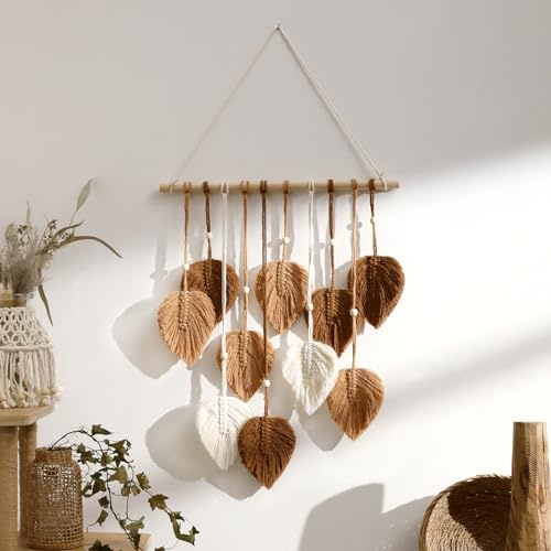 Macrame Tapestry Wall Hanging - Hand Woven Boho Tapestry Fall Leaves Wall Decor, Small Tassels Brown Yarn Hanging Ornament Decor for Bedroom Living Room Dorm