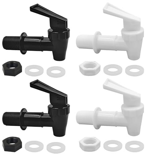 4 Pcs Universal Water Dispenser Tap Replacement, Replacement Cooler Faucet, Plastic Push Type Dispenser Faucets, Dispenser Tap Set for Hot Cold Water Beer Wine Juice Bottle Bucket (Black, White)