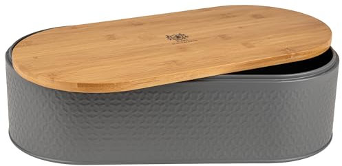 KARL HAUSMANN Brotkasten metall Grau mit Bambus Deckel - 43,5x20,5x11,5 cm - brotkästen holz - brot aufbewahrung - bread bin box - Graue Brotbox - brotdose - brotaufbewahrungsbox - brotbehälter