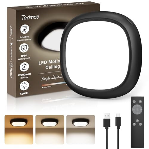 LED Akku Deckenleuchte Ohne Stromanschluss, IP54 12000mAh 550LM Bewegungsmelder Deckenlampe mit Batterie, Kabellose Badezimmer Lampe mit Akku Fernbedienung Innen Kellerlampe USB Aufladbar für Dusche