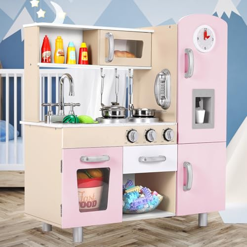 Clevich Cucina Giocattolo in Legno per Bambini con Accessori Completi, Include Gelatiera, Telefono, Orologio, Forno, Cucuna di Gioco per Ruoli, 81x74x29 cm, Cucina Bambini, Rosa