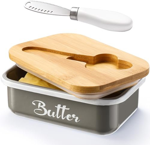 Werwing Burriera in acciaio inox con coperchio e coltello multiuso – Portaburro da banco antiruggine, contenitore ermetico per spalmabile, formaggio (grigio)