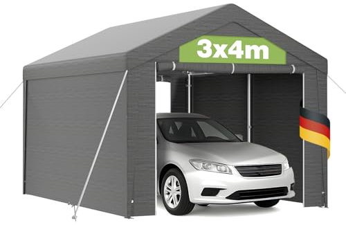 Carport - Tienda de garaje (3 x 4 m, de acero galvanizado, con estructura reforzada, lona de PE 200 g/m², impermeable y UV, paredes extraíbles incluidas, cobertizo de coche al aire libre