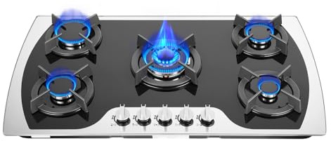 CHIMHOON Cocina de gas integrada de 2000 Pa con 5 quemadores, 5 zonas de cocina de gas, cocina LPG/NG de 90 cm, encimera de gas de cristal, empotrable, adecuada para la cocina casera