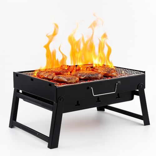 Barbecue Carbonella -PIEGHEVOLE- E Portatile in Acciaio + Maniglia, BBQ Carbonella Con Griglia Da 35x27cm Estraibile, Fori di Ventilazione, PIENDINI ANTISCIVOLO, Per Piu' Persone, Ideale Per Picnic