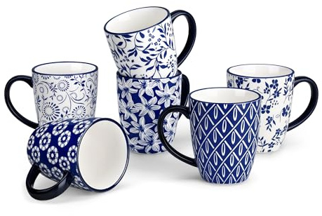 vancasso Kaffeetassen 6er Set, SELENE Porzellan Tassen, 360ml Kaffeebecher mit Henkel, tasse für Kaffee, Milch, Tee & Kakao, Vintage blau-weiß