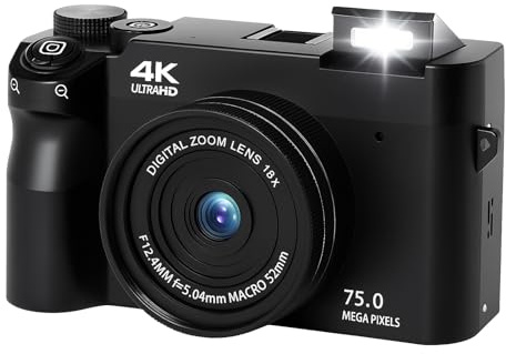 Digital Camera 75mp 4K HD Video, 3.0 Screen Ultra HD Sensor & Smart Focus, 18X Digital Zoom, Adjustable Smart Flash for Beginners (Black+32GB)