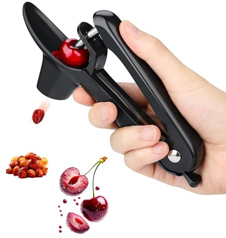 Cherry Pitter Tool – Stainless Steel Cherry Stoner & Olive Pitter with Handheld Push Design, Easy One-Handed Cherry Corer Remover for Damson, Dates & Fruit (Black)
