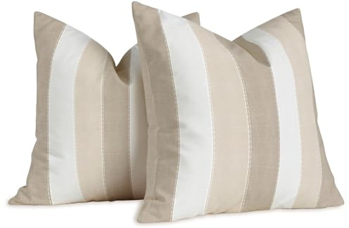 Brylleii Uppsättning av 2 örngott vitt randigt mönster 40 x 40 cm beige brunt örngott moderna linne dekorativa kuddar vintage soffa kuddfodral för vardagsrum soffa utomhus tvättbart överdrag