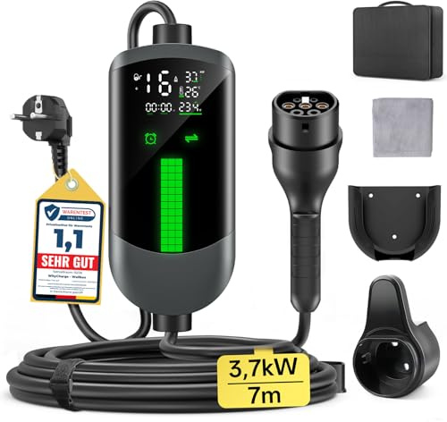 Colonnina Ricarica Auto Elettrica Wallbox - 3,7kW/7M/6-16A Carichino Auto Elettrica Portatile con LCD Digitale e Supporto, Caricabatterie Ritardato, IP65, Compatibile con EVs(IEC 62196-2) & PHEVS
