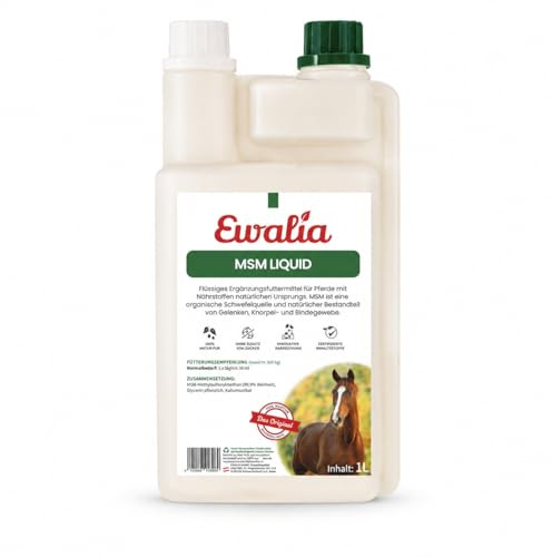 EWALIA MSM Líquido para caballos 1L – Fuente orgánica de azufre con metilsulfonilmetano, alimento complementario líquido para entrenamiento, crecimiento y edad, alimentación diaria fácil