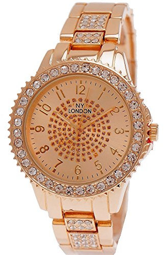 Elegante Ny London Damen-Uhr Strass Analog Quarz Armband-Uhr in Gold mit großem Ziffernblatt