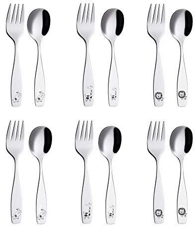 ANNOVA Kids Silverware 12 Pieces Children's Safe Flatware Set Stainless Steel - 6 x Children Forks, 6 x Dinner Spoons, Toddler Utensils, for Lunchbox (Safari Animals Etched Elephant, Giraffe, Lion)