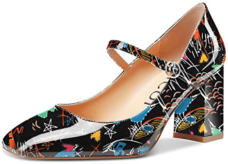 Aachcol Mujer Mary Jane Pumps Cerrado el Dedo del pie Cuadrada Punta Chunky Ancho Medio Heel Slip-on de Boda Oficina Dress Zapatos 8 CM Multicolor E2 Charol 38 EU