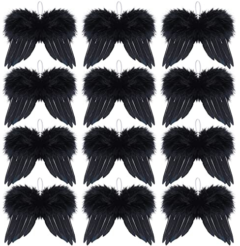 Lystaii 12pcs Angel Feather Wings Ornament for Crafts Mini Angel Wings Halloween Decorations Christmas Tree Decor Hanging Vintage Pendant for Xmas Holiday Party DIY Gifts (6.3 x 5.5 Inch, Black)