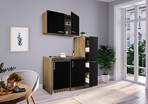 Respekta Küche Miniküche Küchenzeile Küchenblock 130 cm Eiche Sägerau schwarz