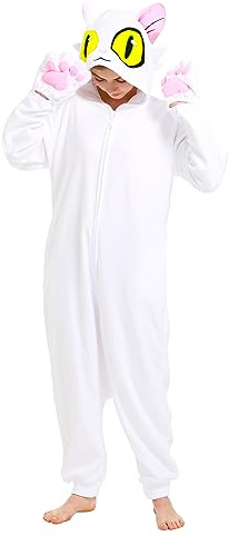 dressfan Unisex Disfraces Disfraz Gato Pijama Adulto,Blanco Animal Monos Traje Ropa de Dormir,Cosplay Disfraces de Carnaval Halloween, Mujer Hombre,Blanco,M