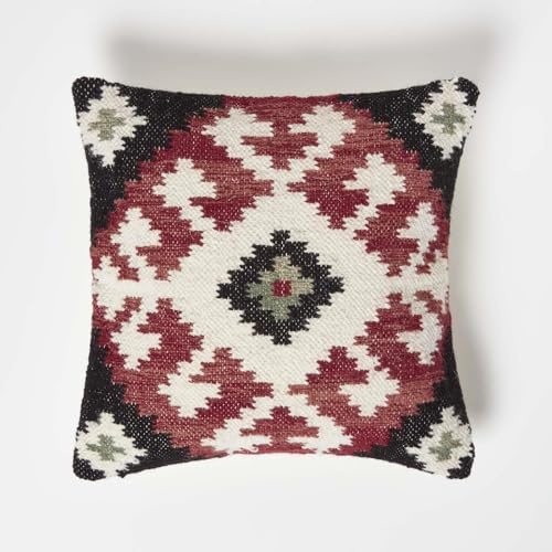 Homescapes Tawa Kelim-Kissen schwarz-rot, Zierkissen geometrisch 45x45 cm, Kissen mit Füllung