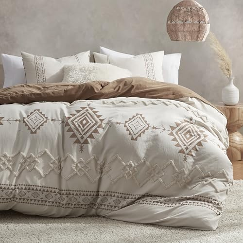 Oli Anderson Boho Duvet Cover Set King Size, Beige and Terracotta Color Clash 3 Pieces Microfiber Bedding Set, Durable and Super Soft Duvet Covers with Zipper and Ties, 104*90
