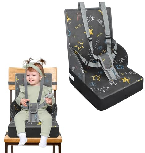 NAIZY Sitzerhöhung Stuhl Kind Kindersitzerhöhung Sitzkissen mit Faltbar Rückenlehne und Dreipunktsicherheitsgurt, Schwämme Boostersitz für Stuhlerhöhung Kinder Baby Essen Stuhl, Grau