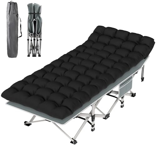 Suteck Camping Cot, Folding Camping Cot Bed for Adults Sleeping 1200D Double Layer Oxford Portable Folding Outdoor Cots for Camping W/Soft Pad Carry Bag for Home Office Nap Beach Travel
