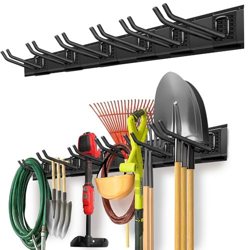 PIYILO Garage Organization, Garage Wall Organizer with 48 inches Rails and 6 Hooks, Tool Organizers Heavy Duty, Shovel Holder Wall Mount Max Load 360 LBS, Sturdy Garden Tool Rack for Folding Chairs